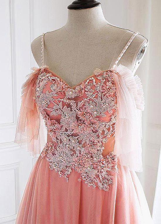 TÜLL SPAGHETTI-TRÄGER 3D BLUMEN PERLEN KORALLE A-LINIE BALLKLEID, DS2984