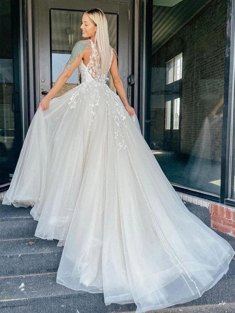 V Neck Ivory Lace Floral Long Prom Dresses with Train, Ivory Lace Wedding Dresses, Ivory Formal Evening Dresses,DS3798