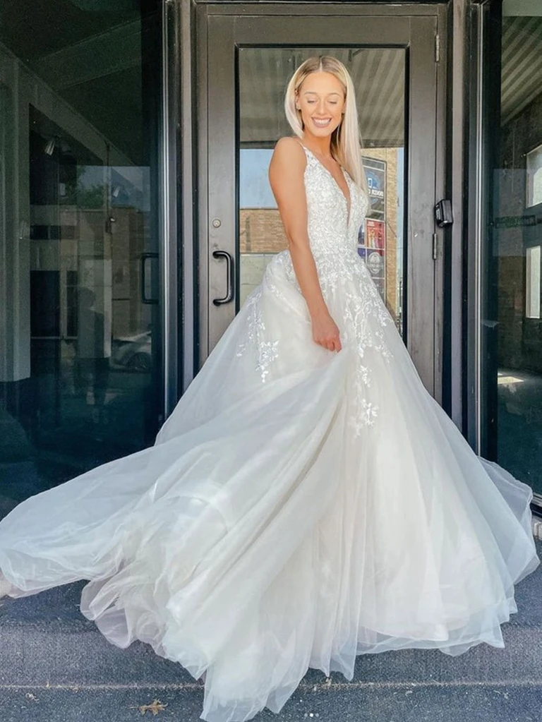 V Neck Ivory Lace Floral Long Prom Dresses with Train, Ivory Lace Wedding Dresses, Ivory Formal Evening Dresses,DS3798