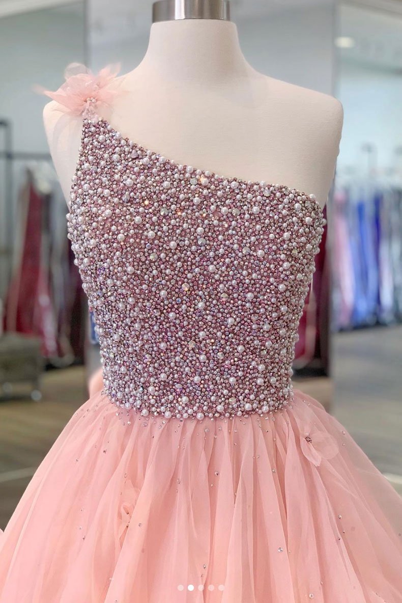 Robe de soirée longue rose à une épaule et perles, DS2134