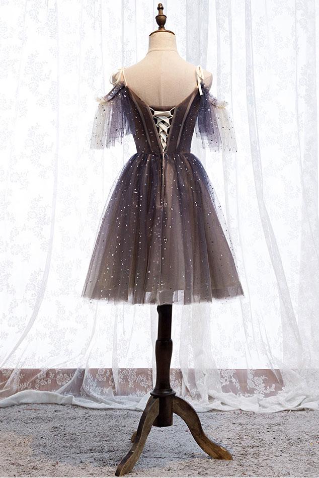 Jolie robe de bal courte en tulle et dentelle grise, DS2288