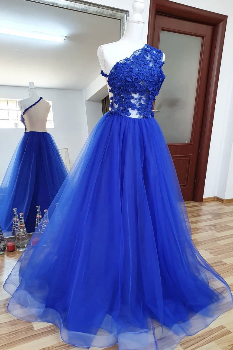 Robe de bal longue en tulle bleu et dentelle, robe de soirée en tulle bleu, DS2357