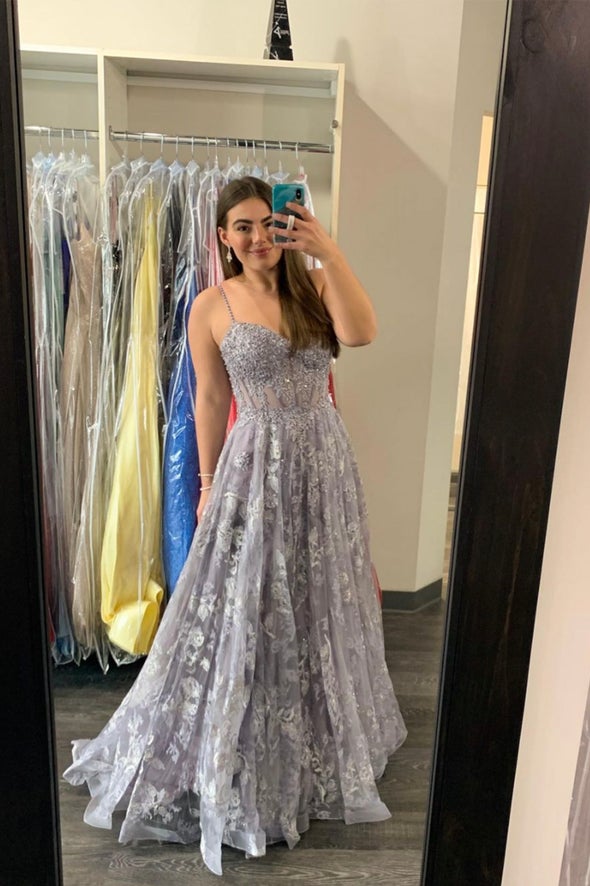 Robe de soirée longue en tulle gris à paillettes, coupe trapèze, DS3889