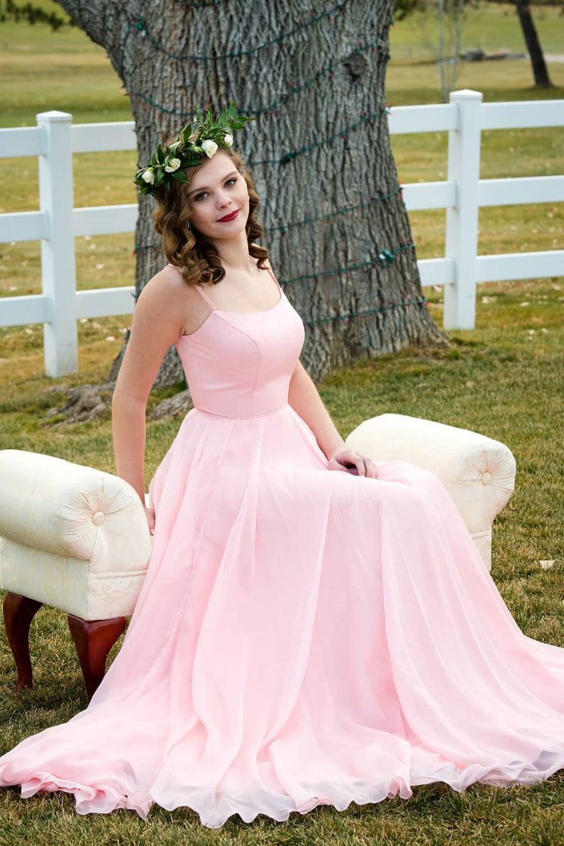 Robe de bal longue en mousseline de soie rose simple, robe de demoiselle d'honneur rose, DS2160