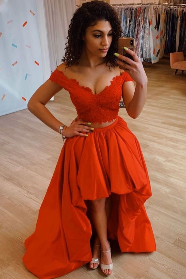 Robe de bal rouge deux pièces en dentelle, robe de soirée en dentelle rouge, DS2152