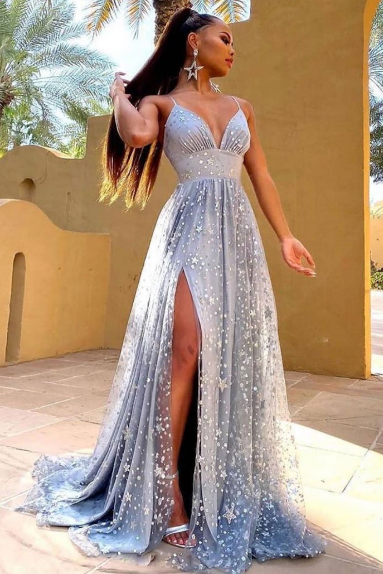 Robe de bal longue en tulle bleu à col en V, robe de soirée en tulle bleu, DS2154
