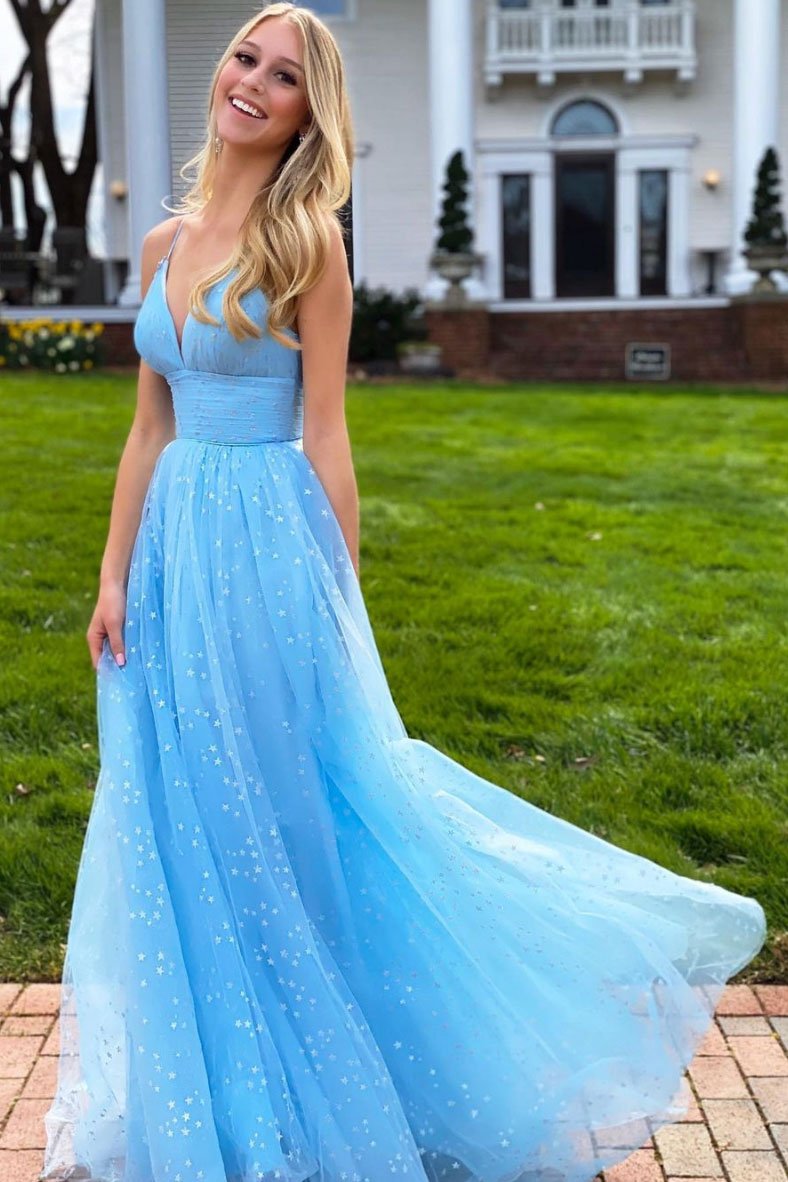 Robe de soirée longue en tulle bleu à col en V et perles, DS2089