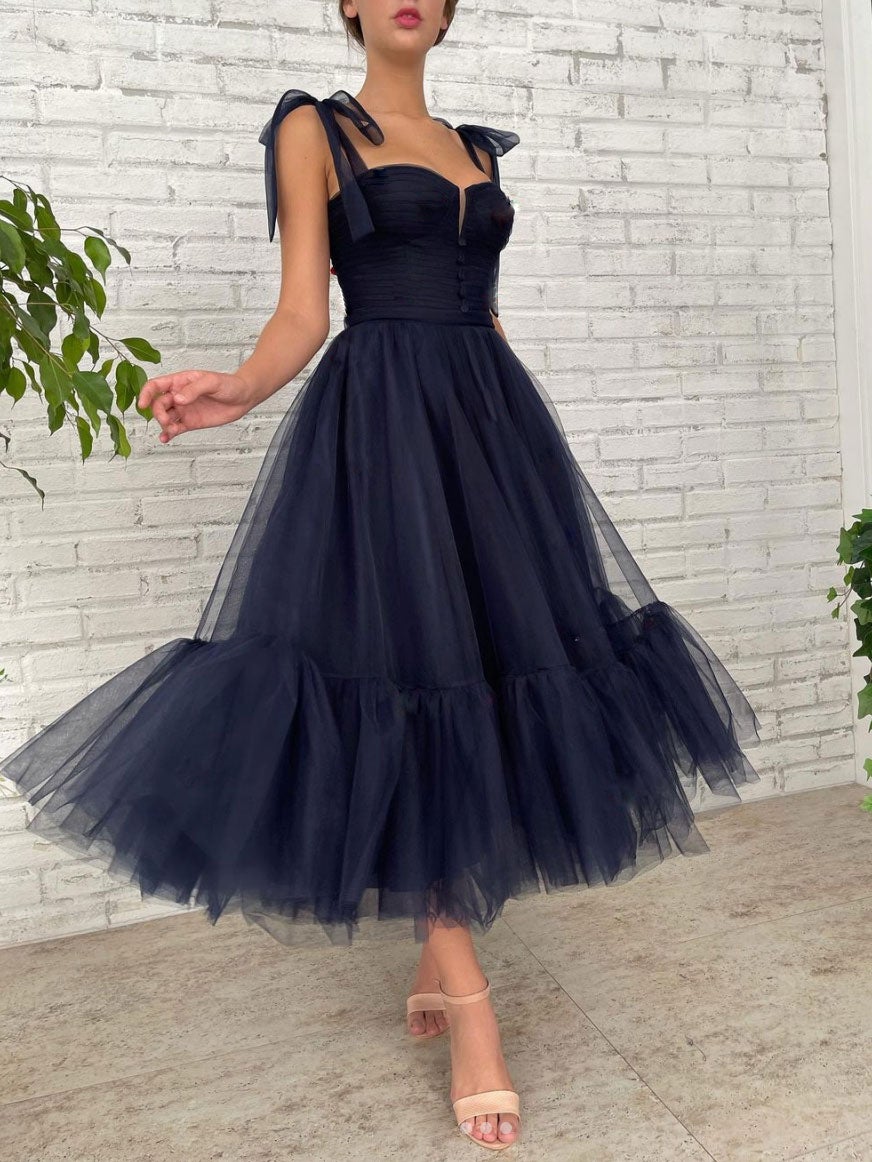 Robe de bal courte en tulle bleu foncé, robe de demoiselle d'honneur en tulle bleu, DS4012