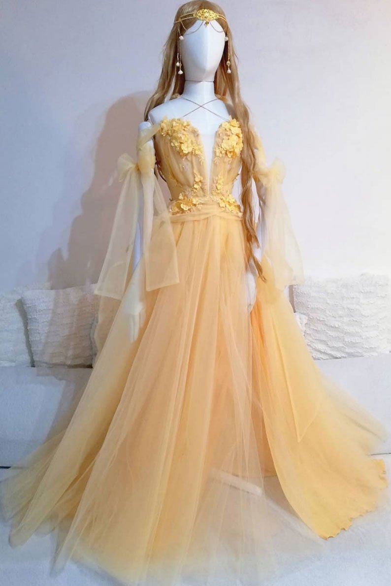 Robe de bal longue en tulle et dentelle jaune, DS2127