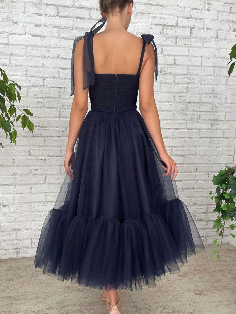 Robe de bal courte en tulle bleu foncé, robe de demoiselle d'honneur en tulle bleu, DS4012