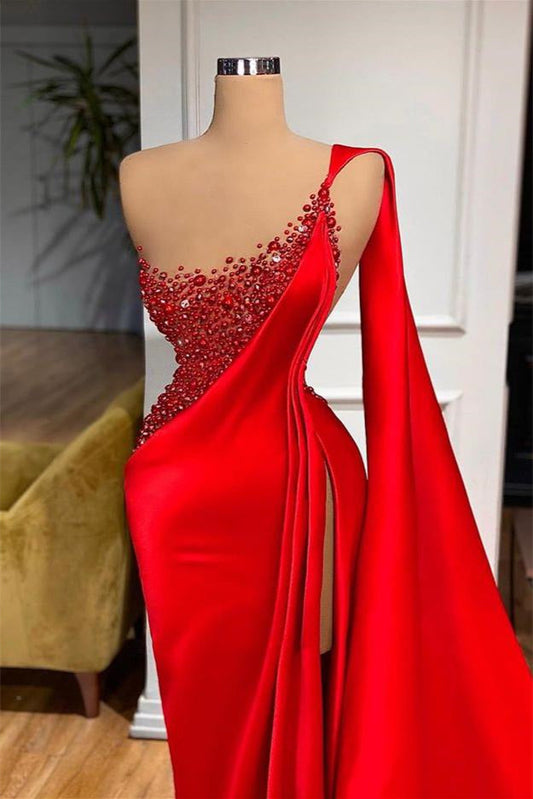 Robe de soirée sirène rouge luxueuse et unique, sans manches, fendue, F04832