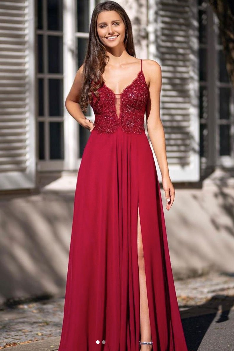 Robe de soirée longue bordeaux en mousseline de soie et dentelle, col en V, DS2097