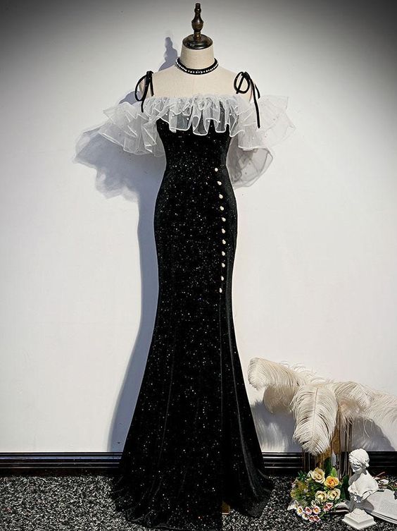 Schwarzes langes Meerjungfrauen-Ballkleid, schwarzes Abendkleid, DS4008