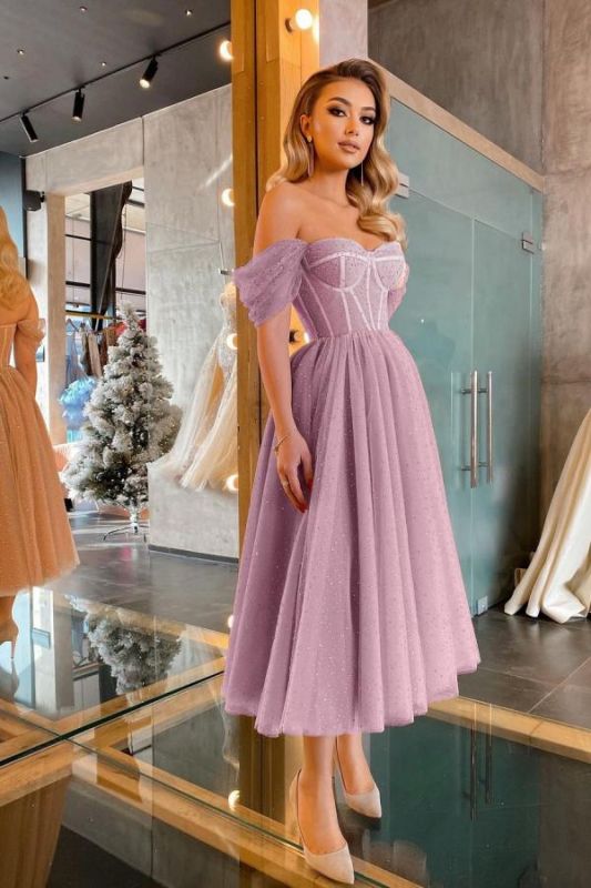 Robe de bal courte élégante en tulle à paillettes et épaules dénudées, DS2790
