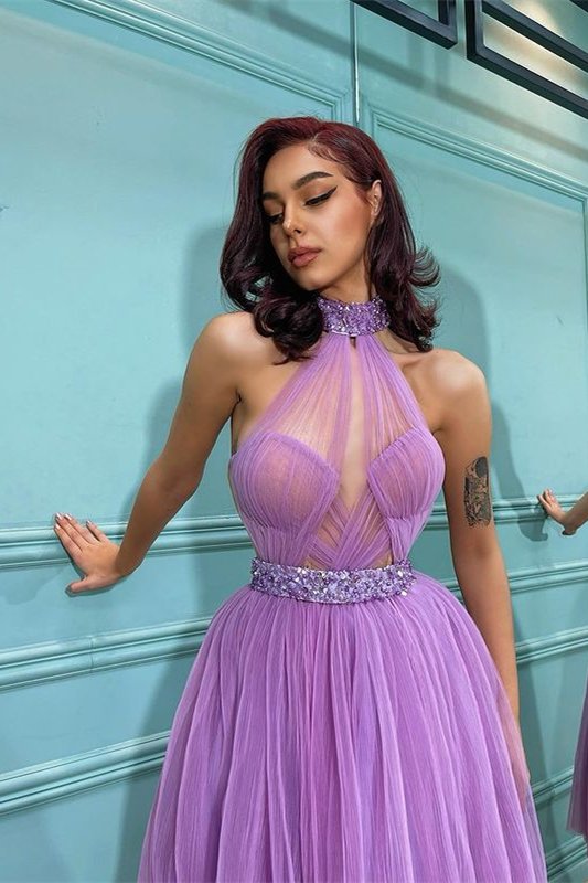 Wunderschönes, lavendelfarbenes, hochgeschlossenes, kurzes Tüll-Ballkleid, EQ9661