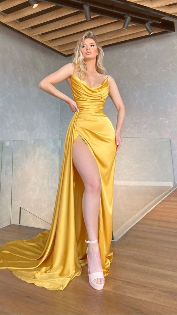 Gelbes, sexy V-Ausschnitt, langes formelles Ballkleid, Meerjungfrauen-Abendkleid, trägerloses High Side Split, Ballkleider für Promi-Partykleider, DS4770