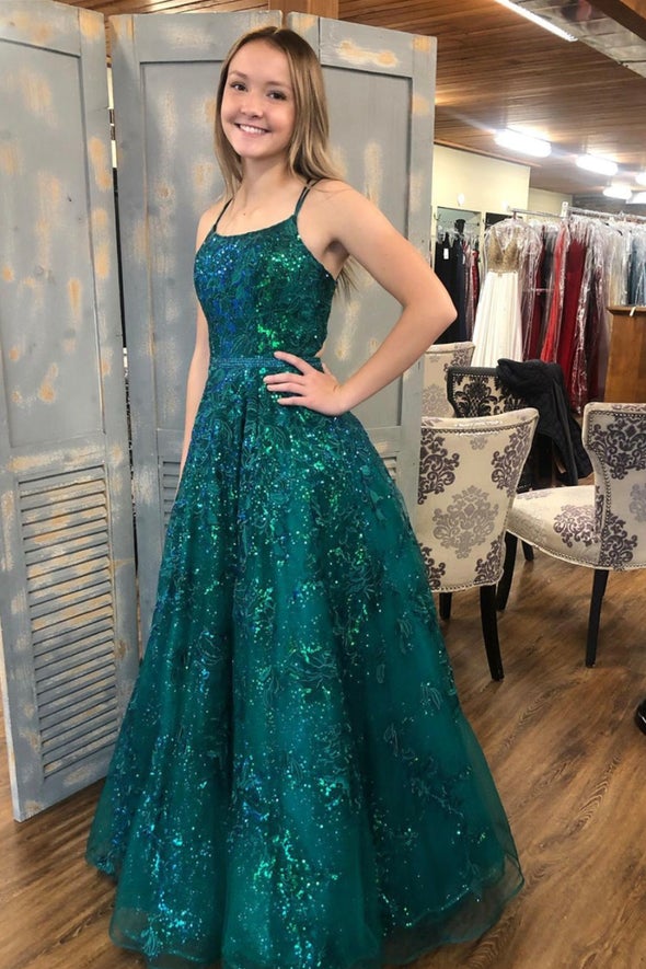 Robe de soirée longue en tulle vert à paillettes, coupe trapèze, DS3888