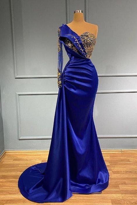 Chic Royal Blue Long Sleeves Prom Dress Mermaid One Shoulder With Crys DSProm Chic Royal Blue Long Sleeves Prom Dress Mermaid One Shoulder With Crys DSProm