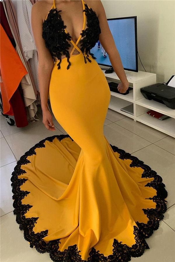 New Arrival Yellow With Black Appliques Prom Dresses South African Girls Junior Graduation Party Gowns Mermaid Deep V Neck Evening Gown ,DS5109 New Arrival Yellow With Black Appliques Prom Dresses South African Girls Junior Graduation Party Gowns Mermaid Deep V Neck Evening Gown ,DS5109