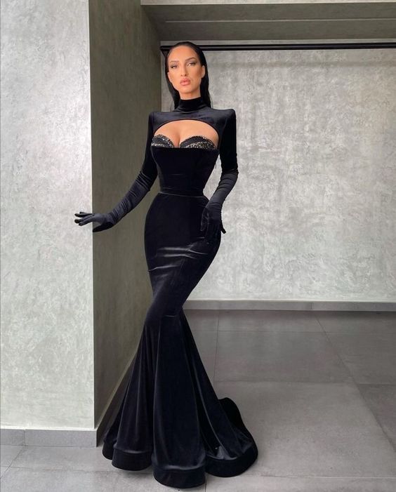 Langes Ballkleid aus Samt, langes Abendkleid mit langen Ärmeln, CD3179