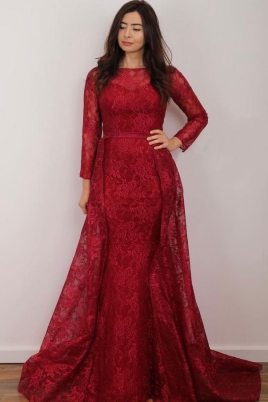 Gorgeous Long Sleeves Jewel Ruby Appliques Mermaid Prom Dresses,DS3733