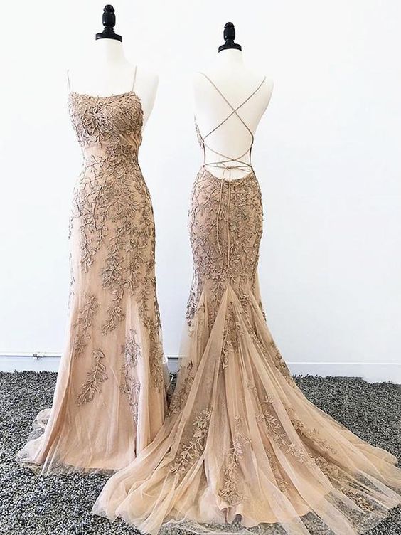 Robe de bal sirène dos nu en dentelle champagne, robe de soirée sirène dos nu en dentelle champagne, DS4960