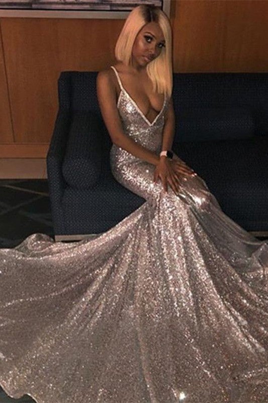 Robe de bal sirène classique à paillettes, décolleté en V profond, sans manches, DS4659