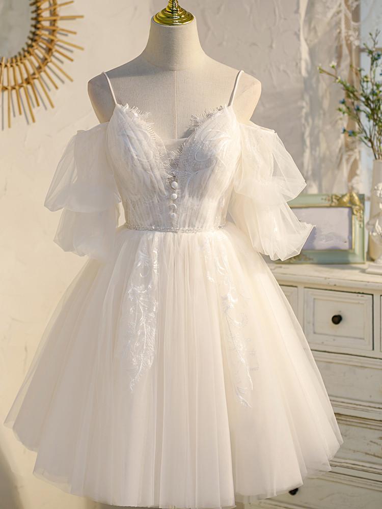 Helles Champagner-Tüll-Spitzen-Kurzballkleid, Spitzen-Heimkehrkleid, DS3394