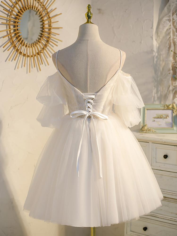 Helles Champagner-Tüll-Spitzen-Kurzballkleid, Spitzen-Heimkehrkleid, DS3394