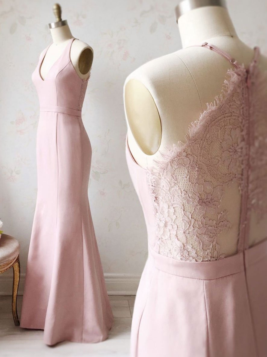 Rosa V-Ausschnitt Satin Spitze langes Ballkleid, Spitze Brautjungfernkleid, DS1977