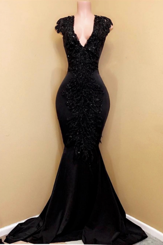Robe de bal sirène noire sexy sans manches, col en V, avec appliques de perles, bon marché, DS2866