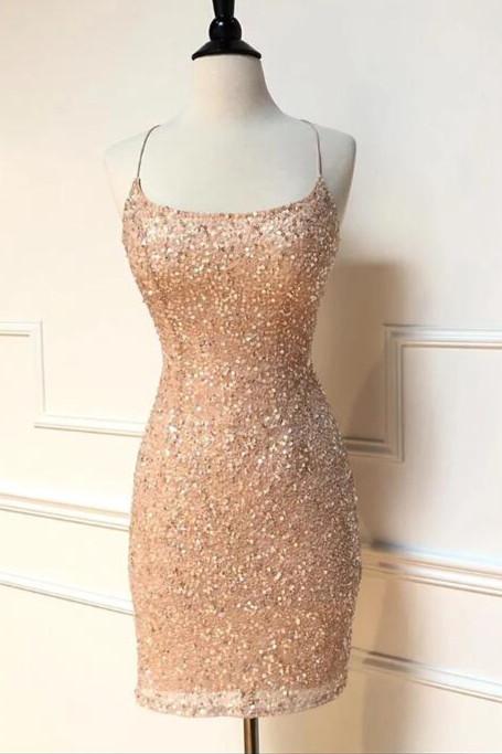 Robe de soirée courte à bretelles scintillantes et paillettes pêche, DH0008