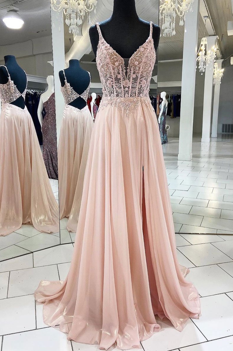 Robe de bal longue en mousseline de soie et dentelle rose à col en V, robe de soirée rose, DS2317