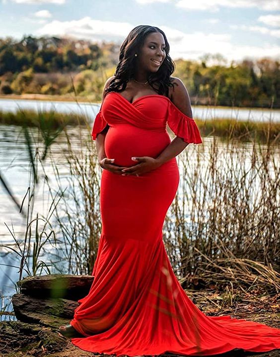 Off Shoulder Ruffle Sleeves Elegant Fitted Maxi Maternity Dress for Ph DSProm Off Shoulder Ruffle Sleeves Elegant Fitted Maxi Maternity Dress for Ph DSProm