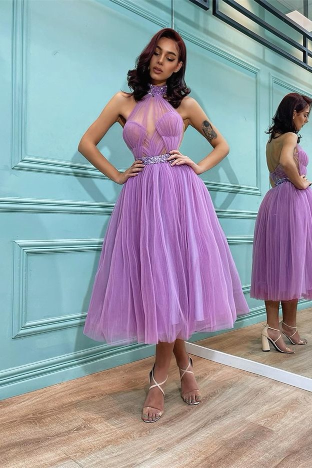 Wunderschönes, lavendelfarbenes, hochgeschlossenes, kurzes Tüll-Ballkleid, EQ9661