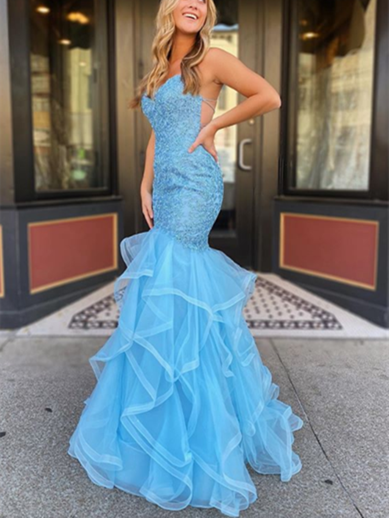 Mermaid Blue Tulle Backless Long Prom Dresses, Mermaid Blue Tulle Back DSProm Mermaid Blue Tulle Backless Long Prom Dresses, Mermaid Blue Tulle Back DSProm