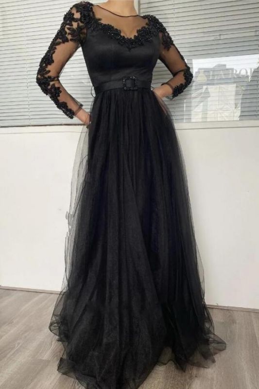 Sexy Schwarzes Abendkleid mit langen Ärmeln und Spitze, DS3731