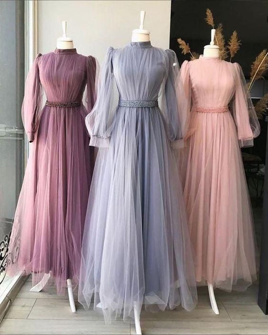 long sleeve prom dresses high neck tulle brown vintage a line cheap simple beaded prom gown robes de cocktail,DS4337