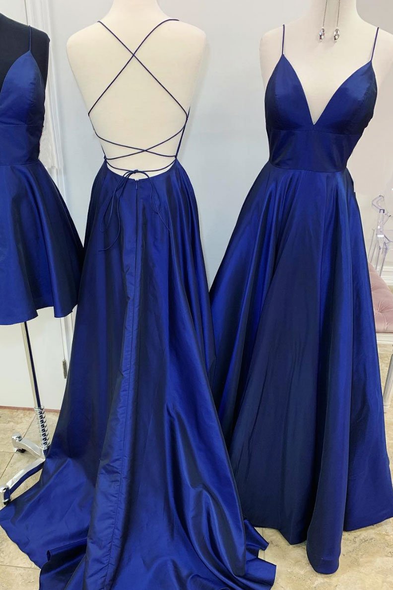Robe de soirée longue en satin bleu à col en V, simple, DS2344