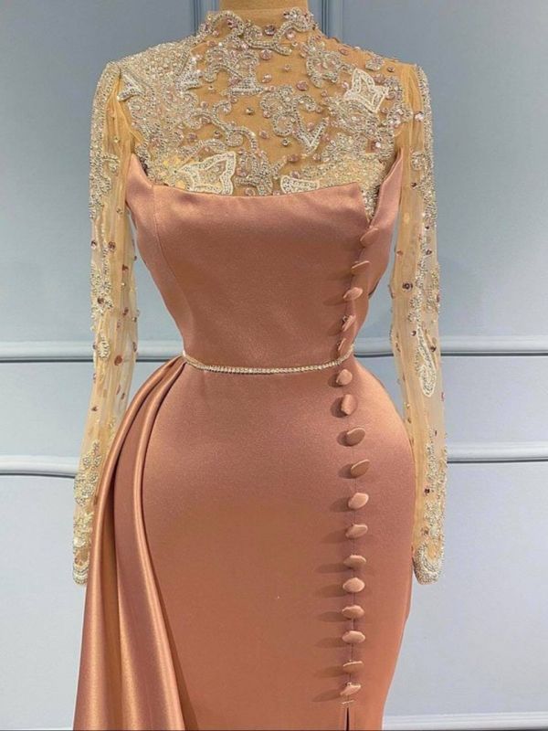 Charmante robe de bal sirène à manches longues, col haut, traîne latérale, paillettes et appliques en dentelle, DS3723