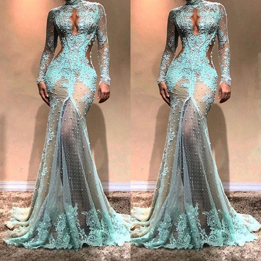 Robe de soirée sexy à manches longues et dentelle perlée | Robe de soirée trou de serrure, BD1485