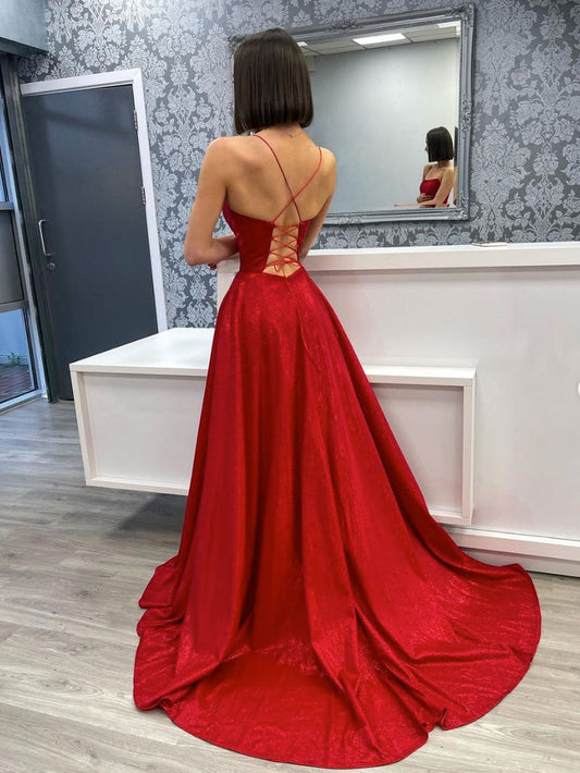 Robe de soirée longue et simple en satin bordeaux, F04757