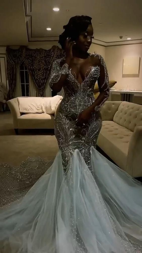 Robe de soirée sirène noire en tulle à manches longues, BL18607