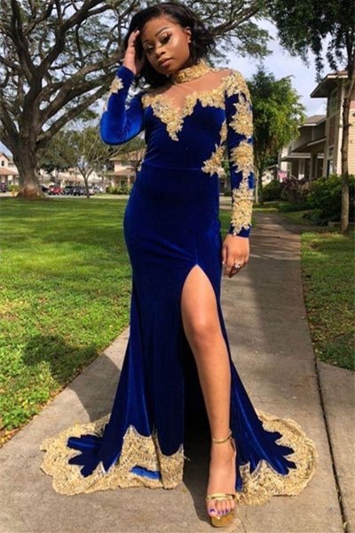 Modern Royal Blue Long Sleeves Prom Dress Mermaid Slit With Gold Appliques,DS4653