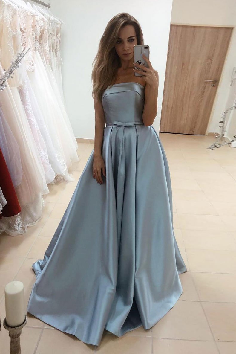 Robe de bal longue en satin bleu simple, robe de soirée longue en satin bleu, DS2104