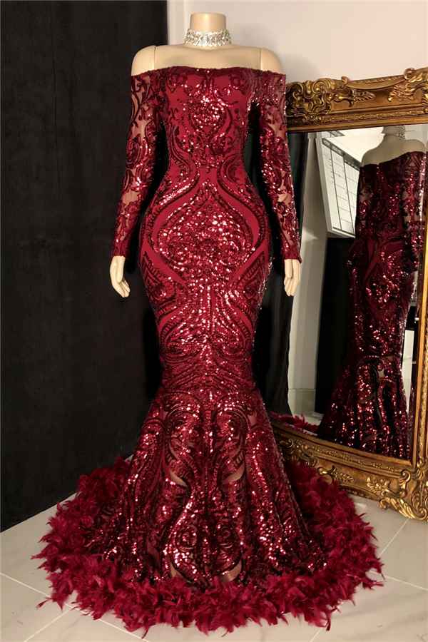 Superbe robe de bal sirène bordeaux à manches longues et paillettes avec plumes, DS4671