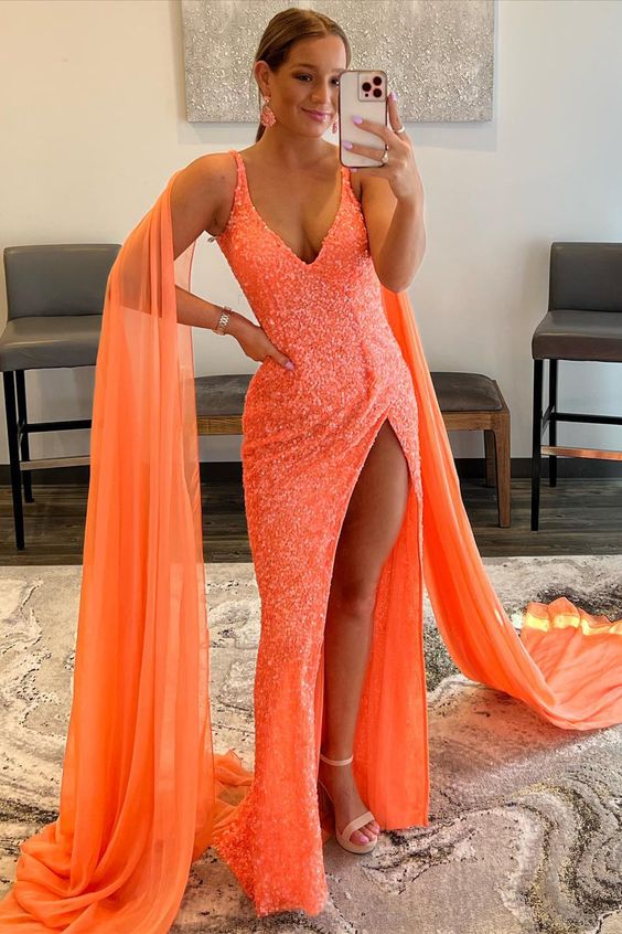Orangefarbenes langes Ballkleid mit Pailletten und Watteau-Schleppe, WD5769
