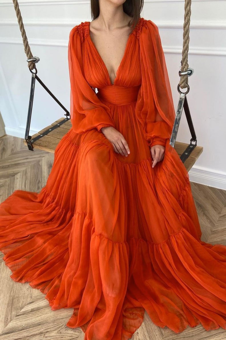 Robe de soirée longue en mousseline orange à col en V, DS2088