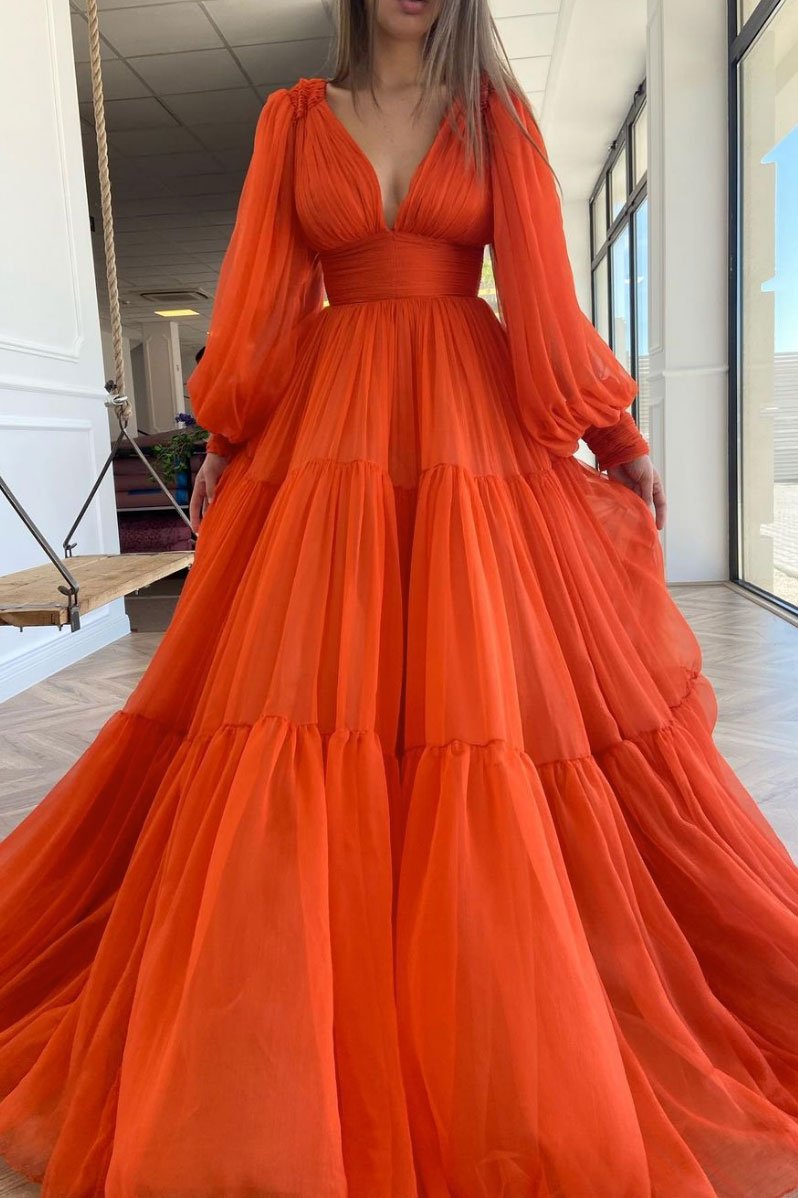 Robe de soirée longue en mousseline orange à col en V, DS2088