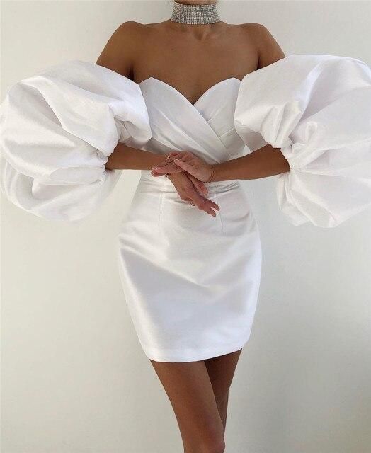 Robe de soirée courte en satin simple, manches lanternes, décolleté en cœur, plissée, DS3967